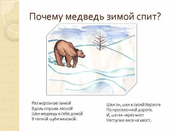 Шел медведь к себе домой в теплой. Мнемотаблица почему медведь зимой спит. почему медведь спит зимой. почему медведь спит зимой стих. раз морозною зимой.