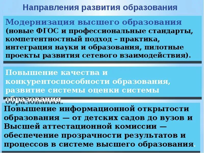 Тенденция развития высшего образования. Два направления развития. Направления высшего и среднего образования. 4 Направления развития. Новые направления профессионального образования.