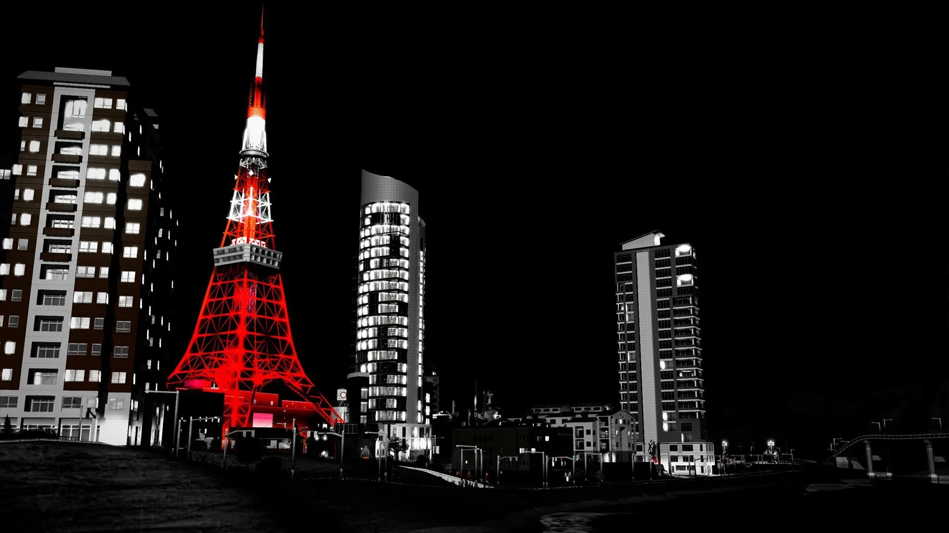 Города с началом красно. Токио ночью башня. Токио телебашня Скай три. Черно красный город. Город черно белый с красным.