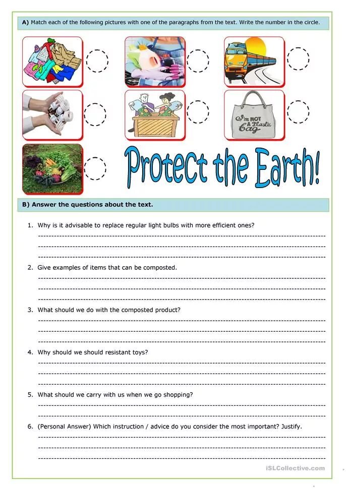 Answer the following and write. How to protect the earth at home. environment reading comprehension. text about the earth worksheets. environment reading tasks.