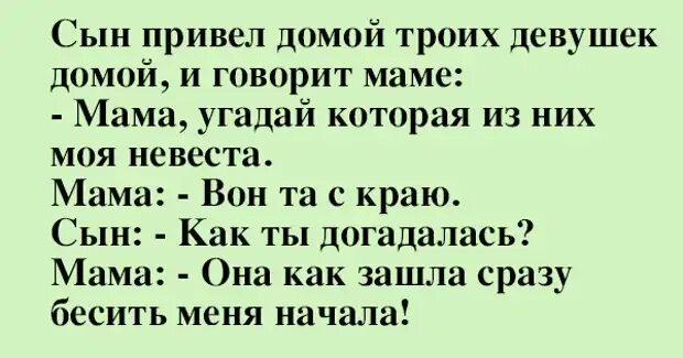 Анекдот сын приводит домой бомжиху. Сын привел домой невесту. Привел сын невесту домой не молились. Привел сына домой. Мама троих сыновей статус.