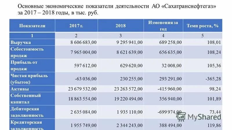 Показатели основной деятельности ооо