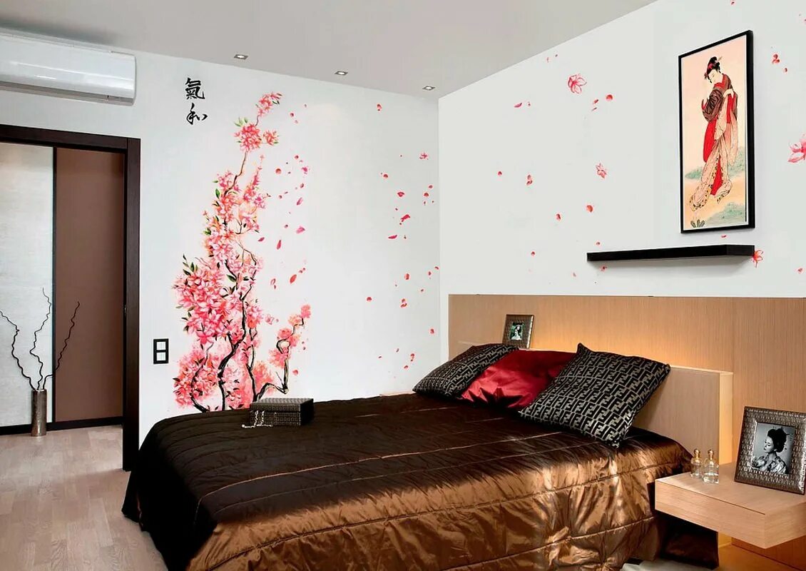 Стиль сакура. Японский стиль в интерьере. Комната в японском стиле. Спальня в японском стиле. Фотообои в спальню в японском стиле.