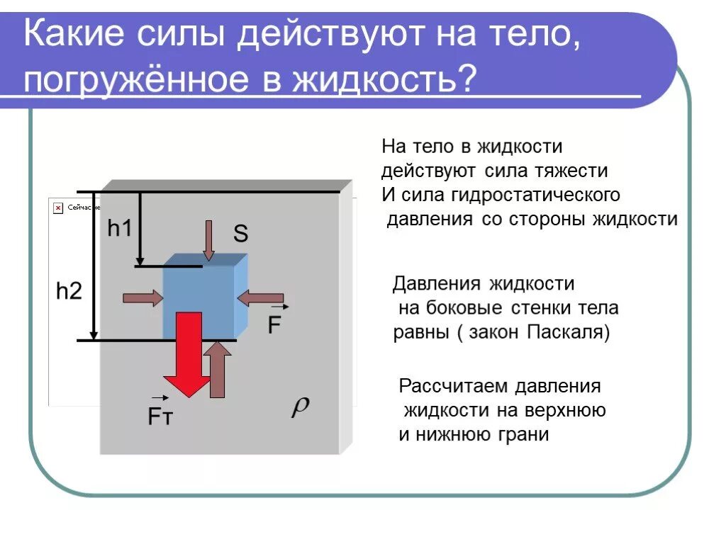 Какие силы действуют на тело внутри жидкости