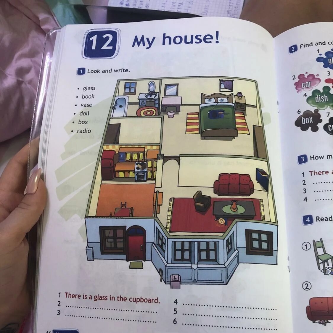 There are five in the box. There is a glass in the cupboard. there is a glass in the cupboard 3 класс. my house 3 класс рабочая тетрадь. look and write glass book.