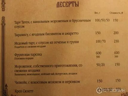 Камелот меню