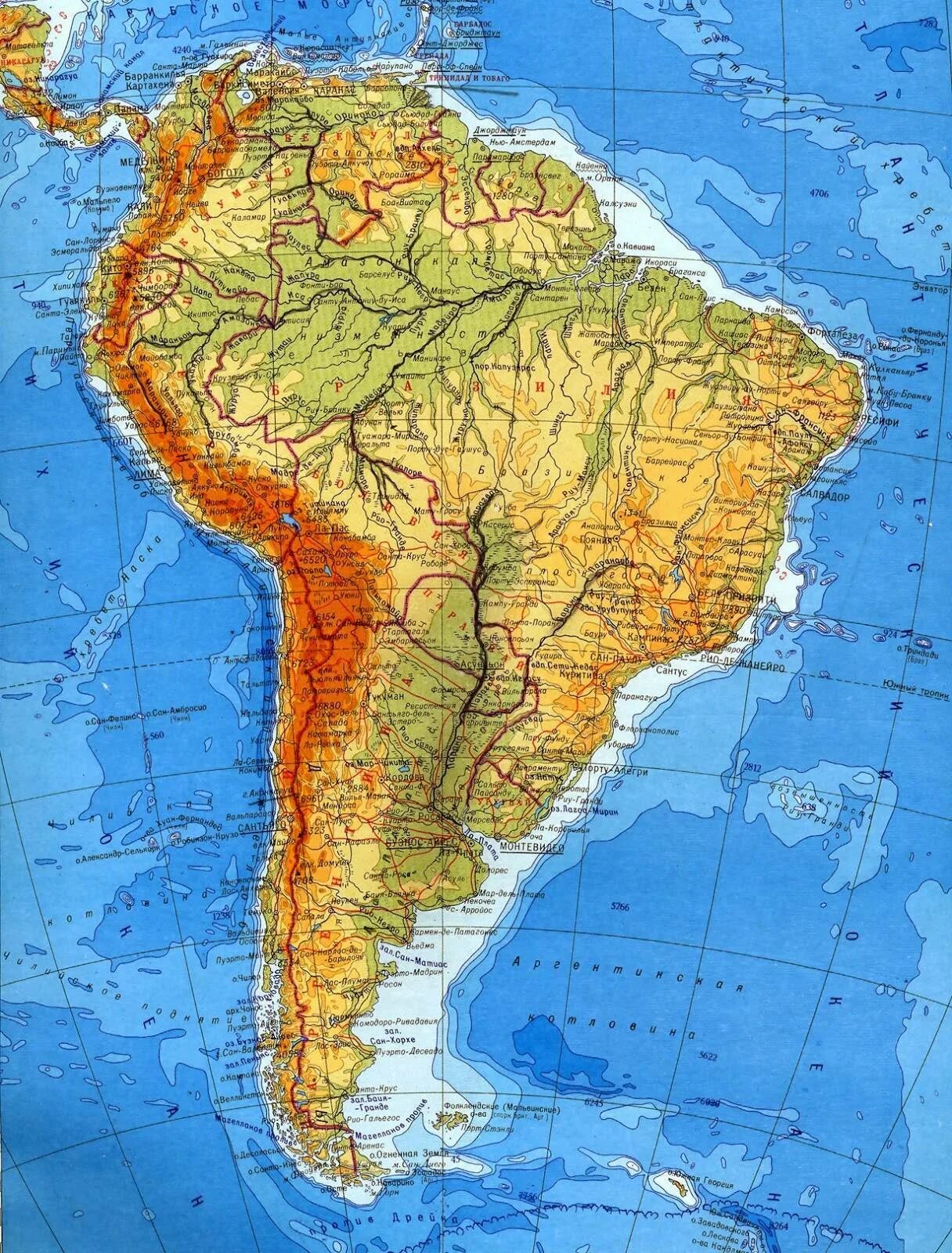 Бразилия омывается океанами. Физическая карта Южной Америки. Південна Америка на карте. Южная Америка материк. Физическая карта Латинской Америки.