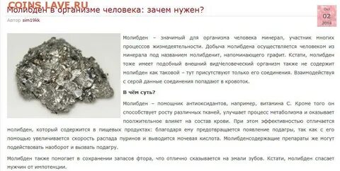 Роль молибдена в организме человека