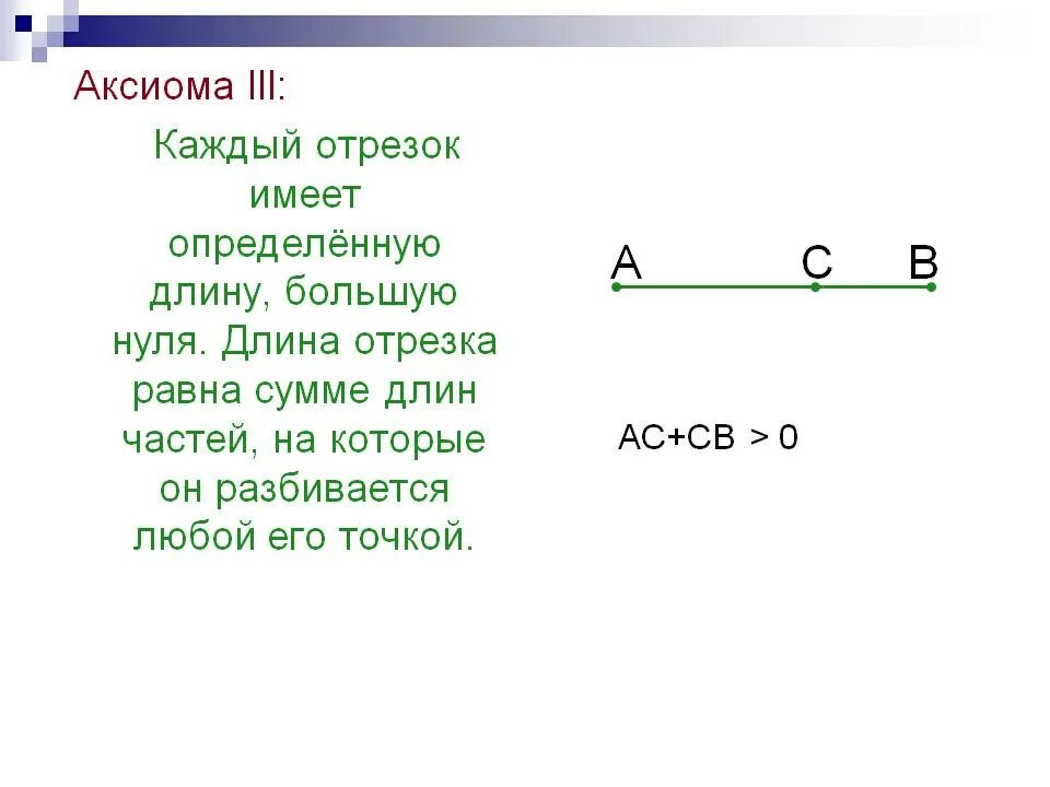Больший отрезок имеет длину. Каждый отрезок имеет определенную длину большую нуля длина отрезка. длина отрезка равна сумме длин частей на которые. аксиома длины отрезка. аксиомы отрезков.