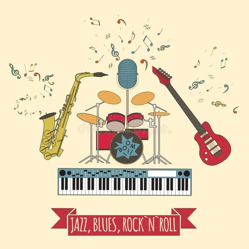 Музыка блюз рок и ролл. Блюз джаз рок н ролл. музыкальные инструменты графика. блюз вектор. rocknroll musical instruments.