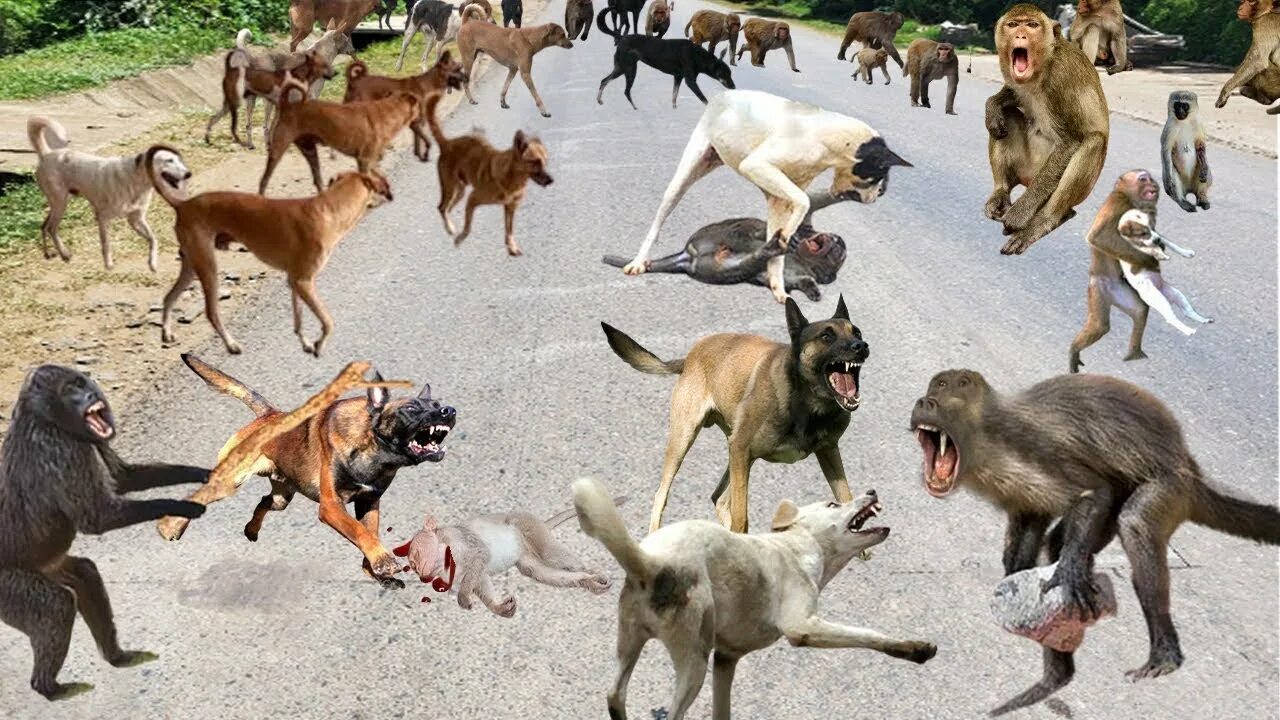 Monkey vs monkey. Monkeys attacking dog in india. dog torture baby monkeys.