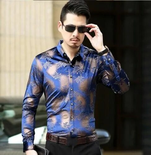2015 New Brand Stars Hearts Prints Fashion Mens Dress Shirts Long sleeve Slim Fi