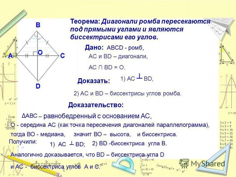 Презентация урока геометрии 8 класс. Теорема о пересечении диагоналей ромба. Диагонали пересекаются под прямым. Доказательство диагоналей ромба. В ромбе диагонали пересекаются под прямым углом и являются.