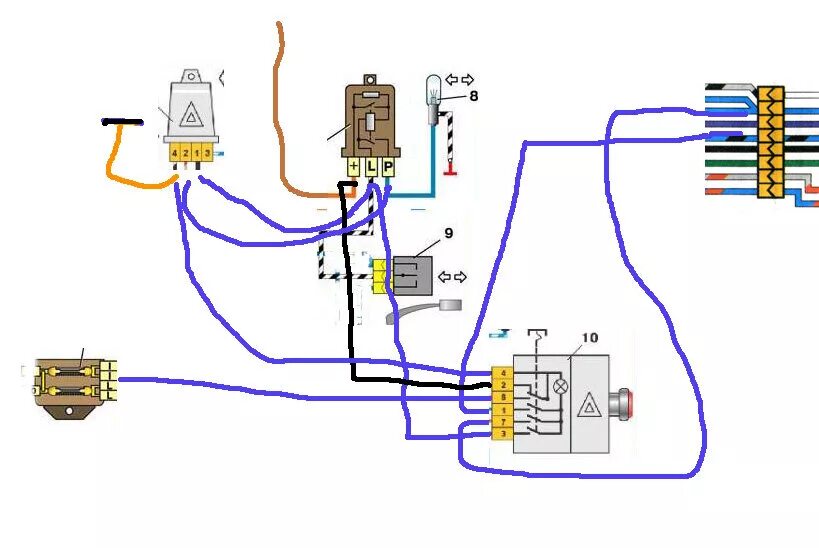 Схема подключения кнопки аварийной сигнализации ВАЗ 2106. Схема подключения кнопки аварийной сигнализации ВАЗ 2101. Схема подключения аварийной сигнализации на ВАЗ 2101. Схема подключения реле аварийки ВАЗ 2106. Распиновка поворотников