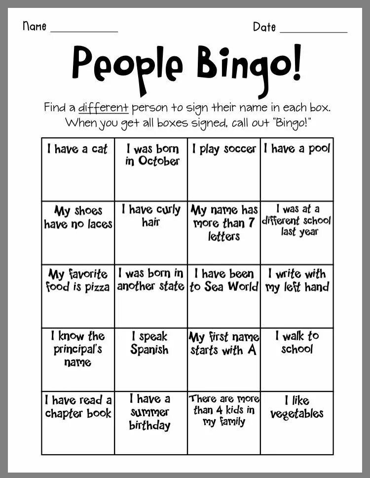 Questions to know a person. Getting to know each other board game. warm up games for pupils. ice-breakers for beginners bingo. get to know each other activities.