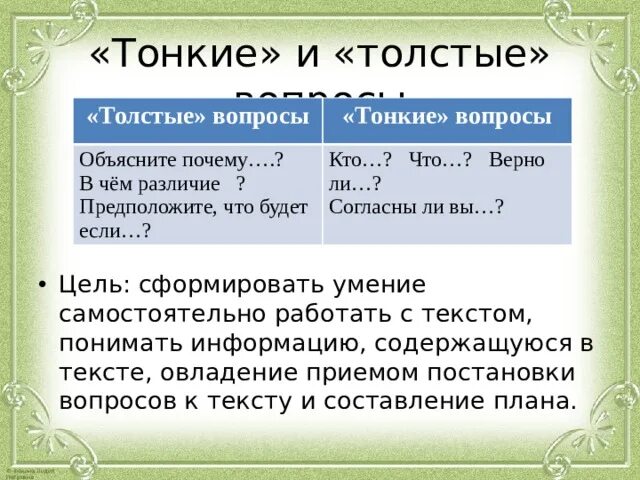 Любые объясняющие вопросы. Таблица тонких и толстых вопросов пример. Примеры толстых вопросов.