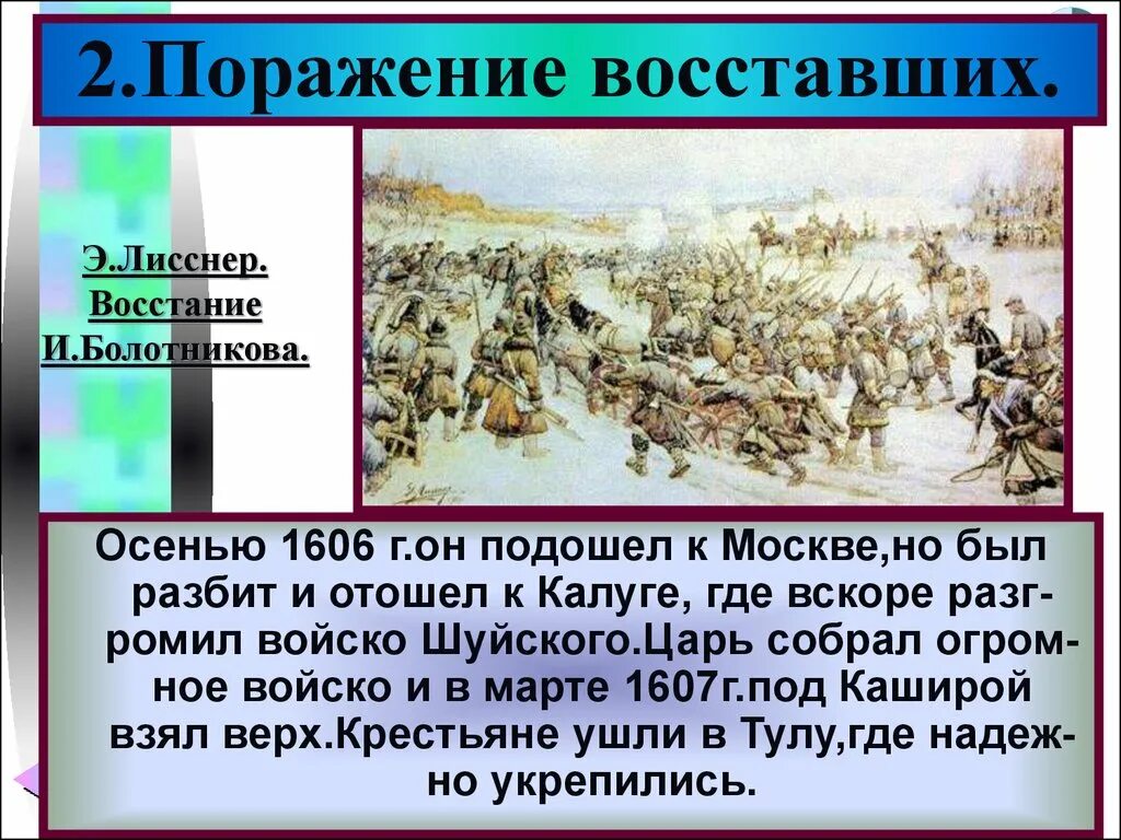 Восстание Болотникова Лисснер. Правление Василия Шуйского и восстание Болотникова. Разгром Восстания Болотникова.