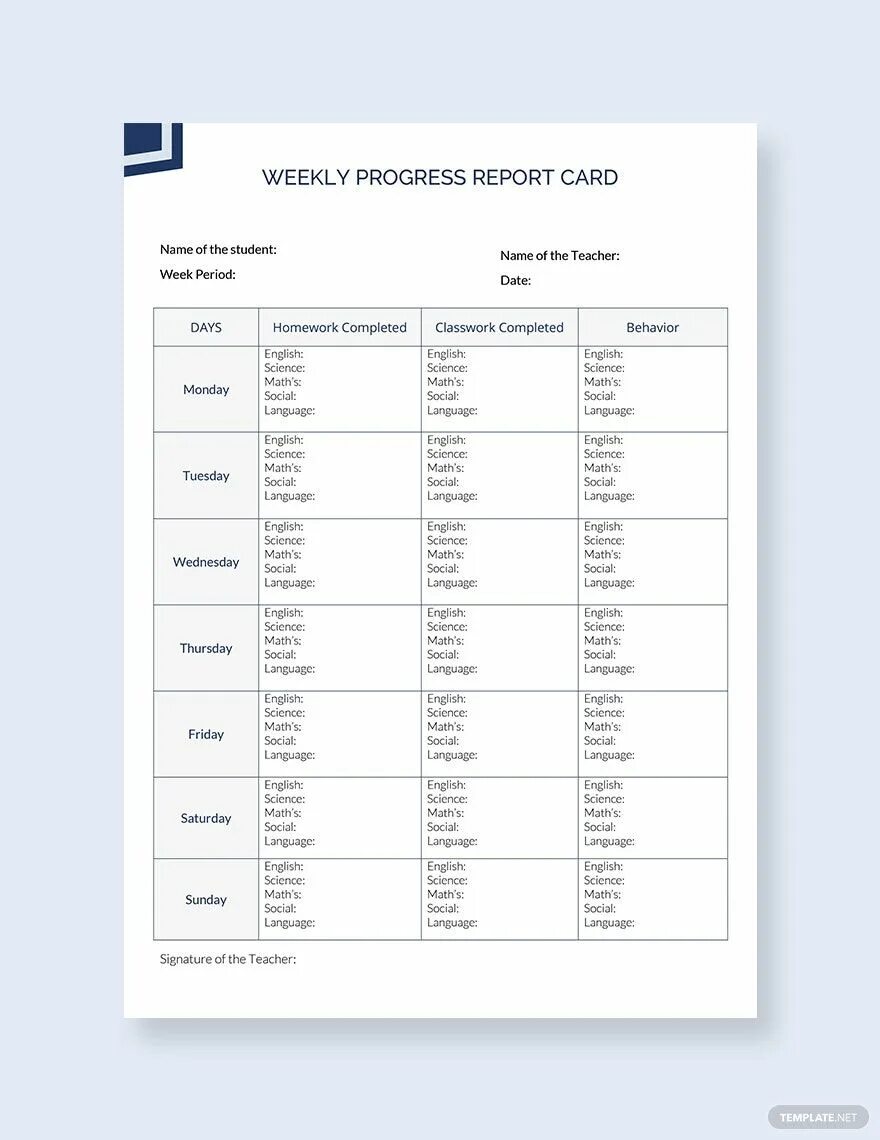Progress card. The report of the week. daily progress report.