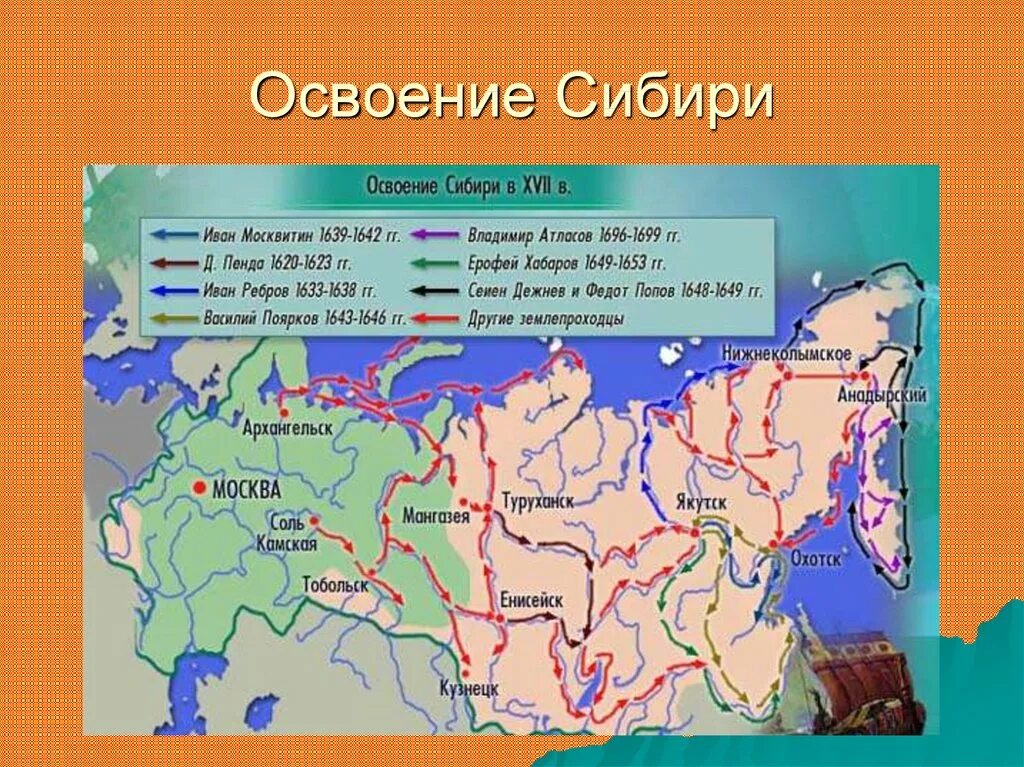 Люди земли сибирской. Карта освоения Сибири 16-17 века. Карта русские землепроходцы 17 века в Сибири. Освоение Сибири карта 16 век. Освоение Сибири и дальнего Востока карта России в 17 веке.