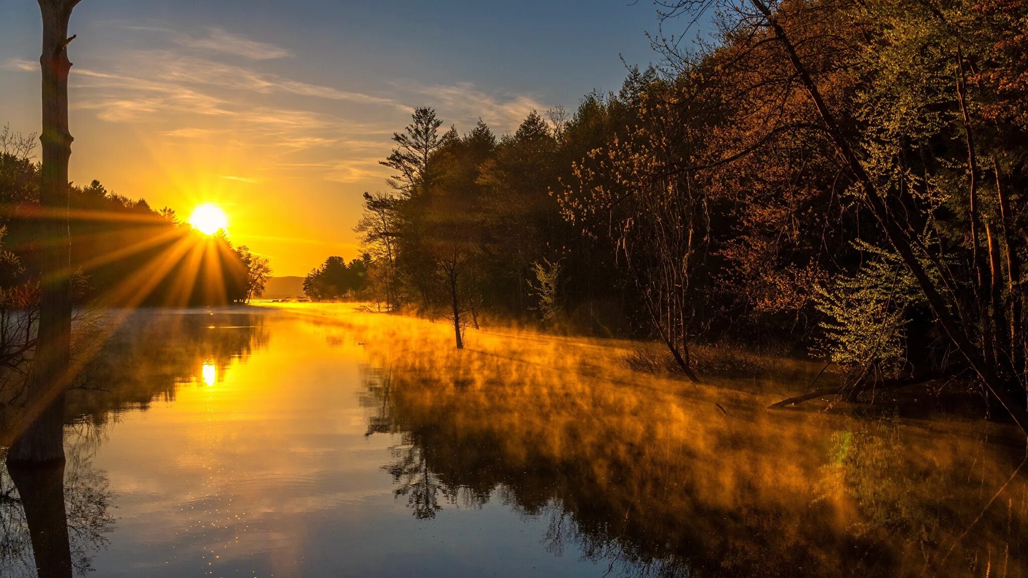 Утро четвертый. Даррелл Буш осенний закат. Закат на реке. Природа рассвет. Рассвет на реке.