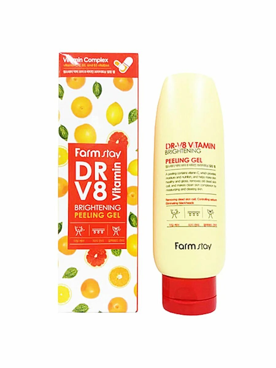 Vitamin brightening с витамином с. Farmstay Dr-v8 Vitamin Brightening peeling Gel гель с витаминным комплексом 150мл. Отшелушивающий гель с комплексом витаминов, 150мл, Farmstay. Пилинг гель Farm stay. Farmstay пенка с комплексом витаминов Dr-v8 Vitamin Foam Cleansing, 100 мл.