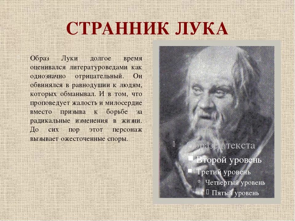 М горький о луке. Образ Луки в пьесе. Характеристика героев на дне.