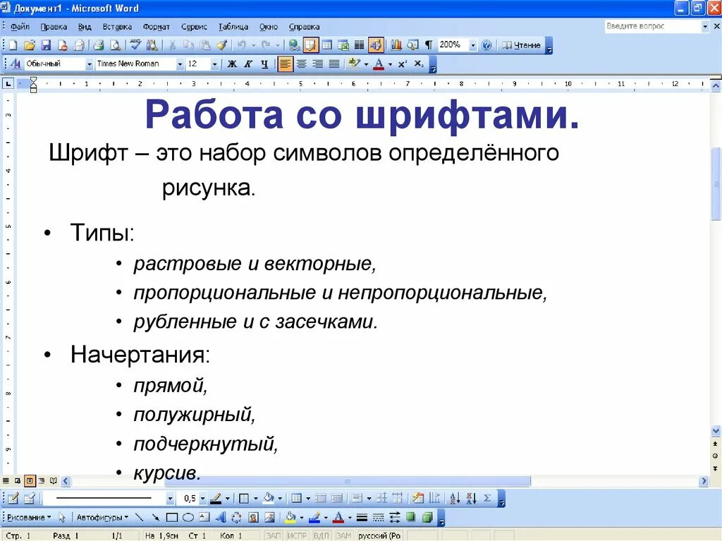 Типы шрифтов в Ворде. Вид шрифта в текстовом процессоре. Виды начертания шрифта. Текстовый редактор Microsoft Word. Формат файла шрифтов