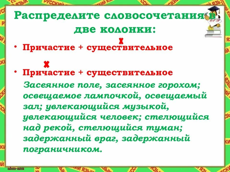 Распределите словосочетания с причастиями в два столбца