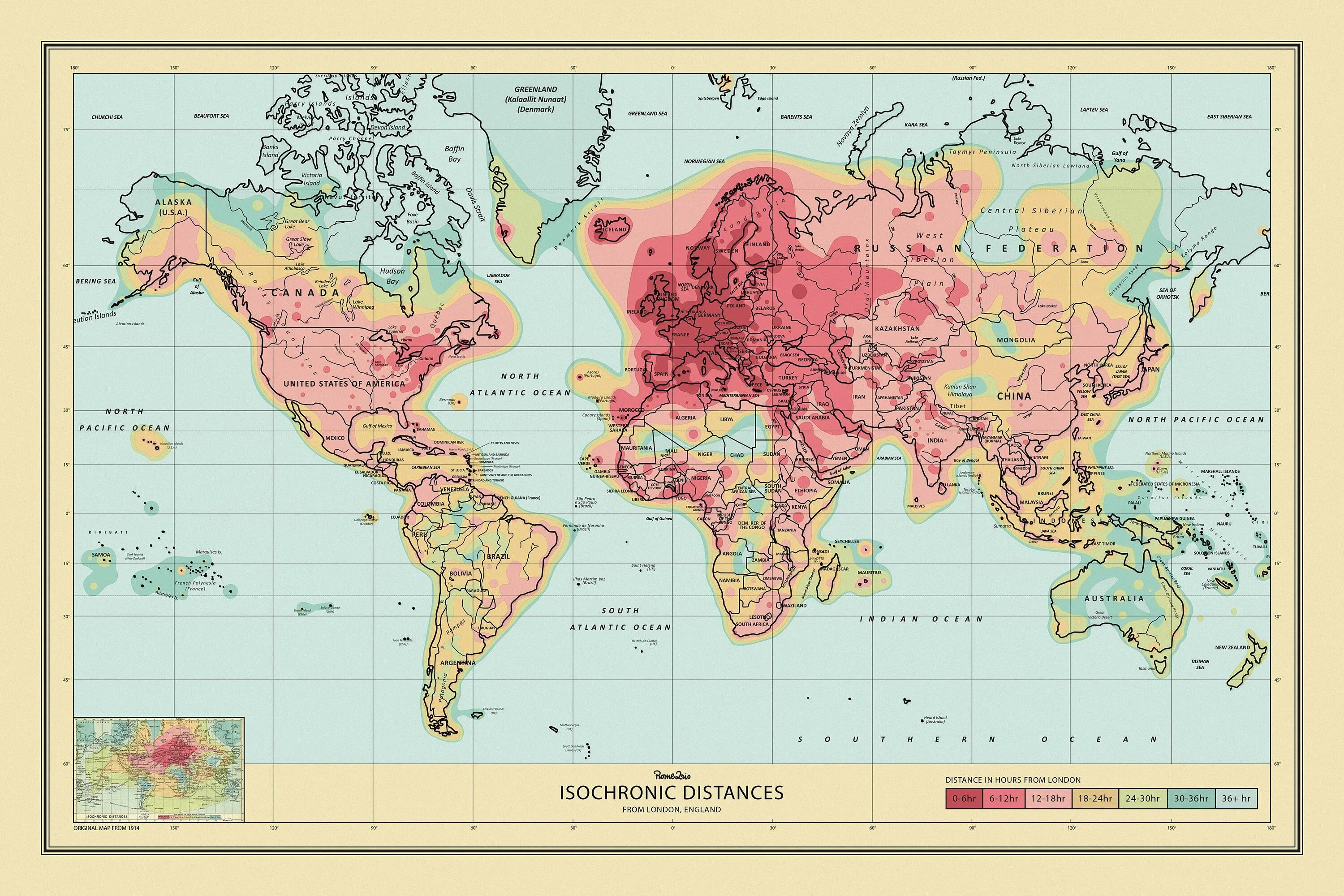 Карта 2007 года. Isochronic distance USA. Map of the World with distance.