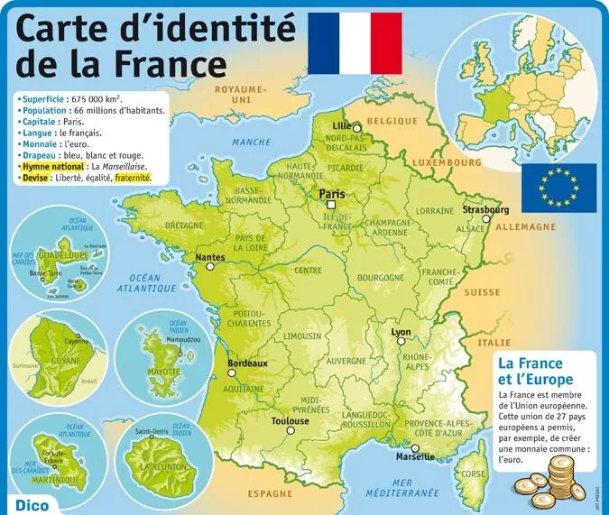 Карта Франции en Francais. Карта Франции на французском языке. Карта Франции для детей на французском языке. Подробная карта Франции на французском.