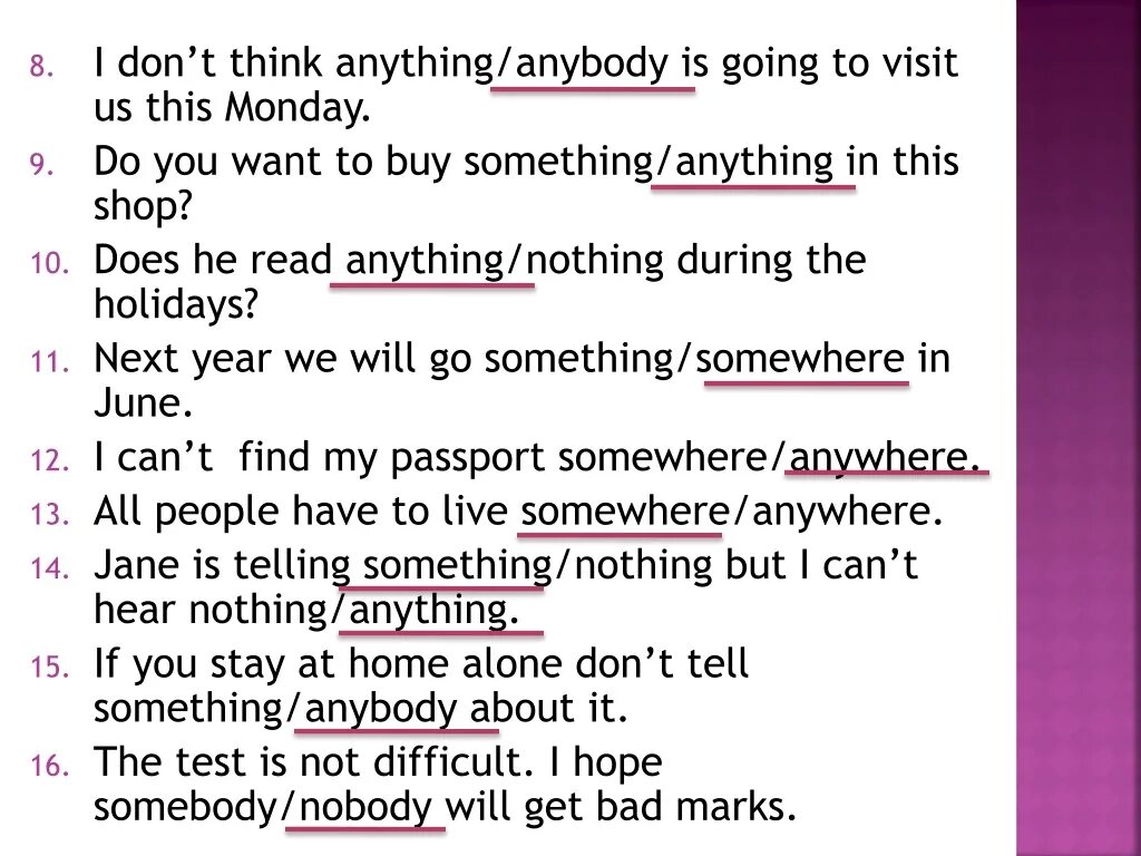 Don t doesn t wordwall. Предложения с something anything nothing. Предложения с Somebody anybody Nobody. Предложения с someone. Something anything nothing правило.