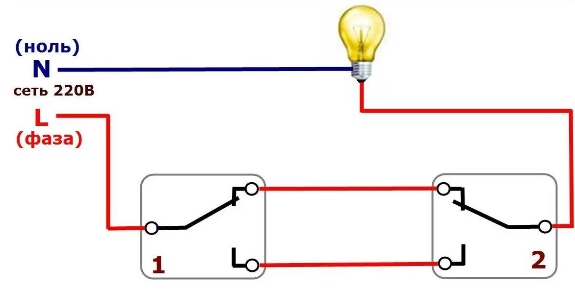 Как подключить лампочку на проходные выключатели. Схема подключения проходного переключателя освещения. Подключение 2 лампочек к одному выключателю схема. Схема расключения проходных выключателей с 2 мест. Схема подключения лампы на 2 выключателя.