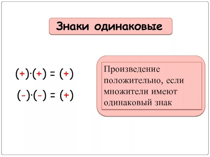 Произведение положительных и отрицательных чисел. Знак произведения. Произведение одинаковых множителей. Знаки при умножении отрицательных и положительных чисел. Если произведение на множитель то получится