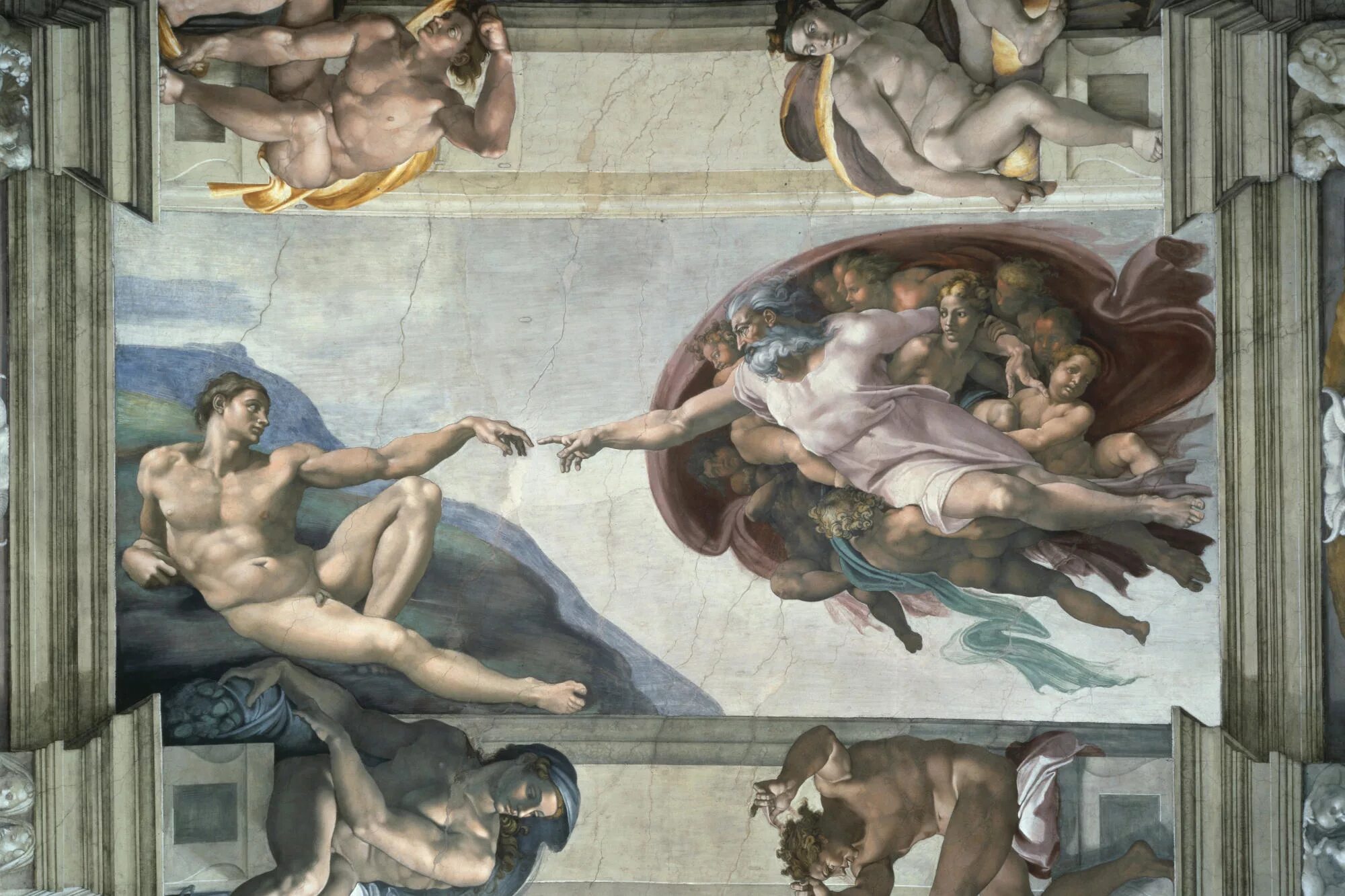 Смысл произведений искусства. Микеланджело Буонарроти Сотворение Адама. Микеланджело, «Сотворение Адама», 1508–1512. Микеланджело фрески Сикстинской капеллы. Сотворение Адама картина Микеланджело.