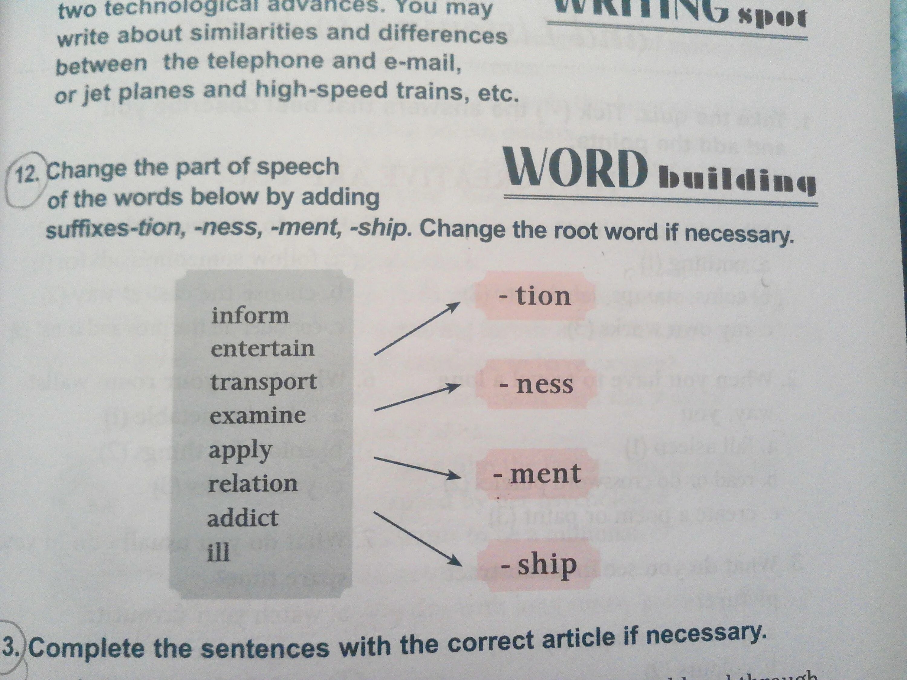 Group the words below. Word suffixes Part of Speech. Parts of Speech in English suffixes. Inform ment или Ness. Complete the Words with the correct suffixes..