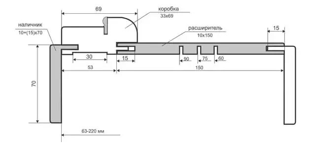 Дверной наличник размеры. Ширина дверной коробки 80мм. Добор телескопический схема. Чертеж двери с коробкой и наличниками телескоп. Толщина телескопической дверной коробки межкомнатной двери.