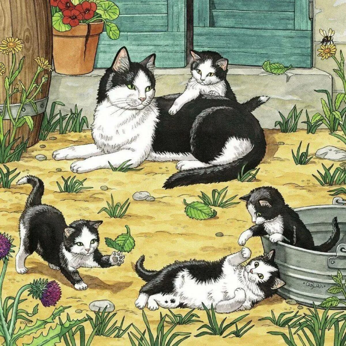 Сюжетная картина кошка с котятами. Картина домашние животные. Иллюстрация домашние животные. Картина для детей кошка с котятами. Составление рассказов кошка с котятами