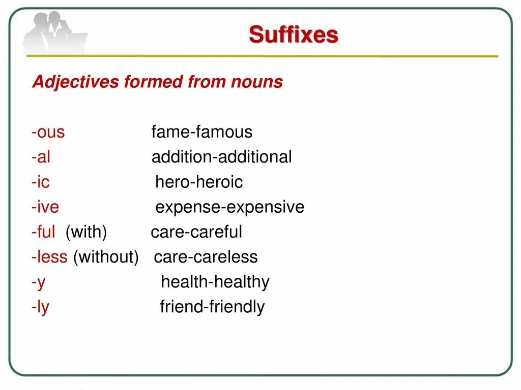 Form suffix. Словообразование в английском языке ous. Adjective suffixes в английском языке. Build словообразование. Суффикс ous в английском языке.