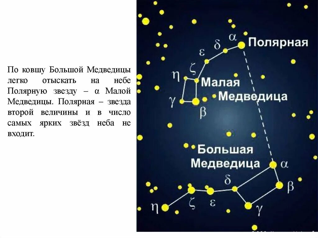 Созвездие малой медведицы какие звезды. Полярная звезда по Ковшу большой медведицы. Полярная звезда в ковше малой медведицы. Большая и малая медведицы на карте звездного неба. Полярная звезда на звездной карте.