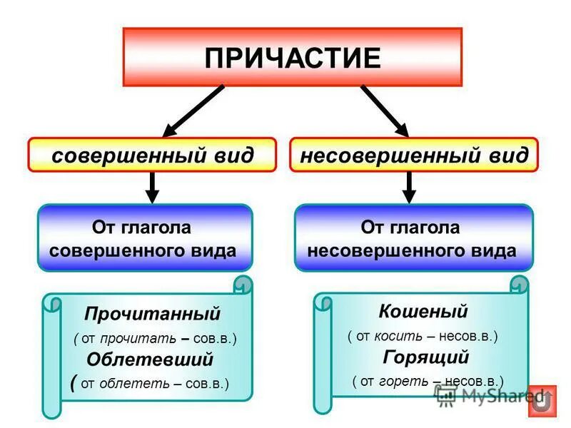 Причастие виды. Причастия совершенного и несовершенного вида. Совершенный и несовершенный вид причастия. Как определить совершенный и несовершенный вид причастия. Причастие совершенного вида и несовершенного вида.