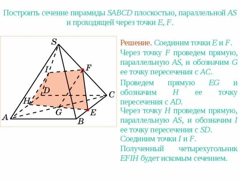 Построение сечения правильной четырехугольной пирамиды. Сечение четырехугольной пирамиды. Сечение четырехугольной пирамиды по 3 точкам. Задачи на сечение пирамиды. Сечение параллельное стороне пирамиды