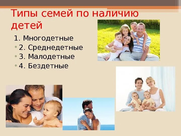 Известные виды семьи. Типы семей. Семья типы семей. Бездетные типы семей. Малодетная и многодетная семья это.