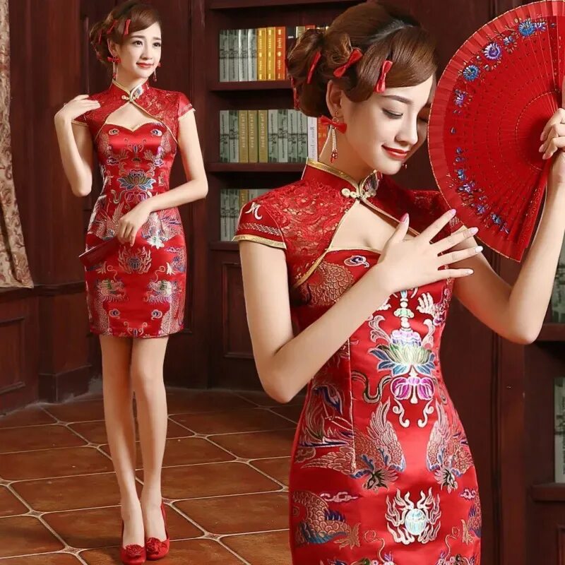 cheongsam red short Chinese bridal dress, Chinese style dress, Lace evening dres