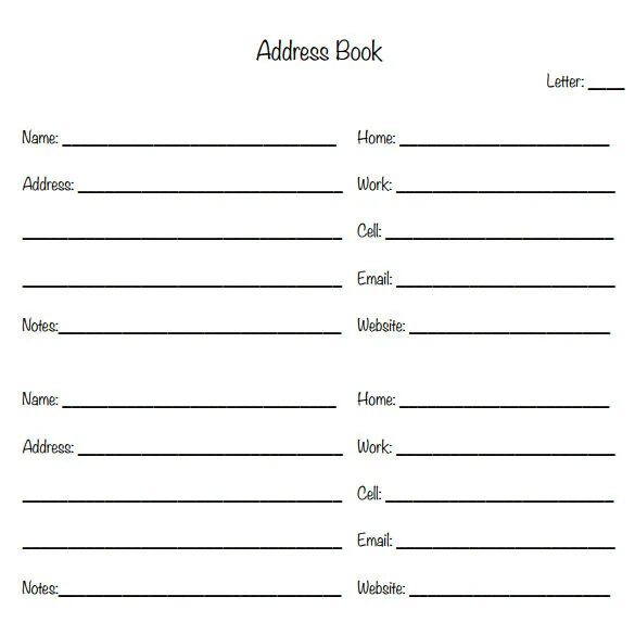 The address book. Address Template. Contact list. Printable list movies. Personal addresses