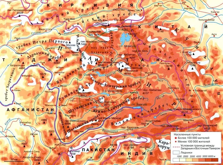 Карта горного массива. Горы Памир на карте. Горная система Памир на карте. Горы Тянь Шань и Памир на карте.