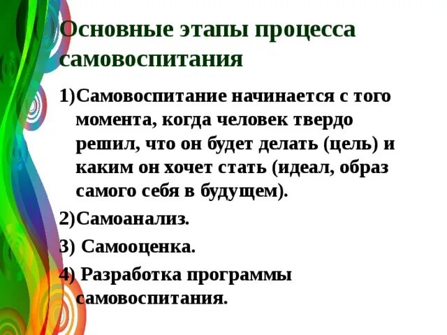 Решения одиночества однкнр 6 класс. Этапы процесса самовоспитания. Этапы самовоспитания в педагогике. Этапы процесса физического самовоспитания. Последовательность этапов профессионального самовоспитания.