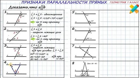 Признаки параллельности двух прямых 7 класс задачи по готовым чертежам