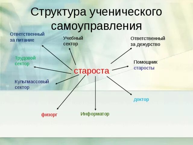 Структура ученического самоуправления. Учебный сектор в классе обязанности. Трудовой сектор в классе обязанности. Самоуправление в классе. Староста класса заместитель старосты