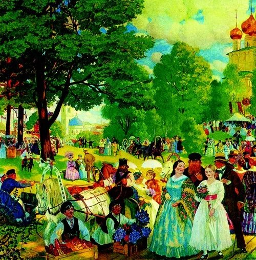 Картина дата. Борис Михайлович Кустодиев Троицын день. Кустодиев Борис Михайлович (1878-1927) Троицын день. Гулянье. 1917 Г.. Троицын день картина Кустодиева. Борис Кустодиев летний праздник.