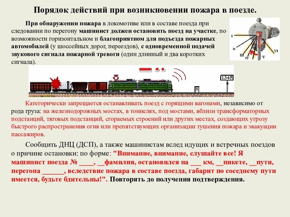 Допускается ли работникам локомотивной бригады. Действие локомотивной бригады при пожаре на локомотиве. действия локомотивной бригады при пожаре в поезде. действия локомотивной бригады при следовании по предупреждению. порядок оповещения при пожаре на локомотиве.
